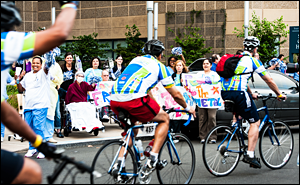 Patients, volunteers and staff turned out to cheer on the riders as they passed Smilow Cancer Hospital.
