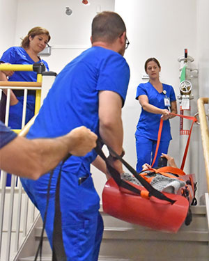 practiced using emergency evacuation sleds 