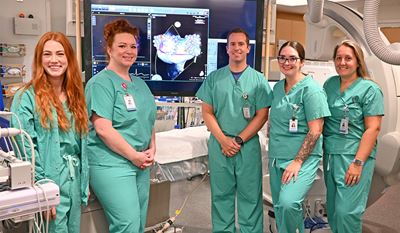 Reilly Voit, PA; Gina Torrisi, special procedures technologist; Ralph DeBiasi, MD; Julia Waidler, RN; and Jillian Gardell, RN
